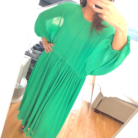 Zara Dresses Nwt Zara Green Pleated Satin Midi Dress Poshmark